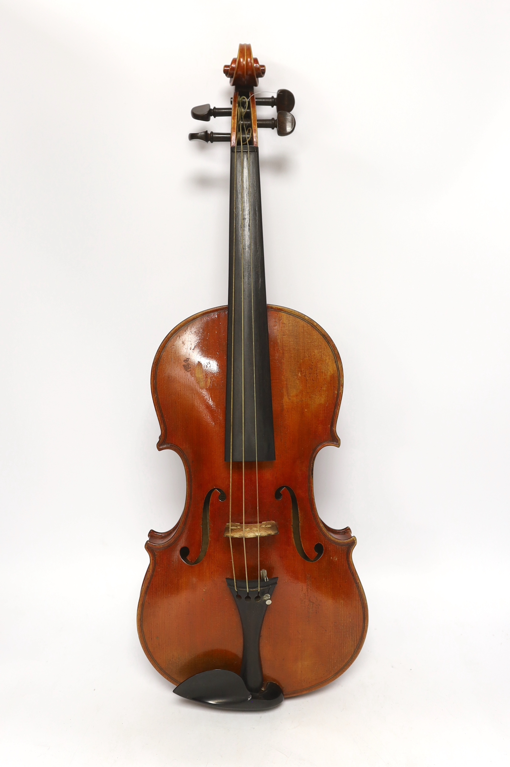 A French violin, c. 1900, with a retailer’s label inside the body for Thomas Smith, 183 Sherlock St. Birmingham, cased with a bow, body 35.5cm